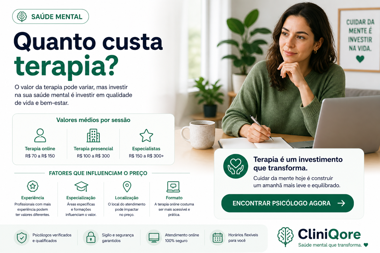 Quanto custa terapia? Veja valores e como pagar menos em 2026 - CliniQore
